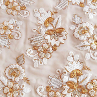 Beige Lace With Floral Embroidery In Off White And Bronze Work, Embroidered Trim, 1 Yard Trim